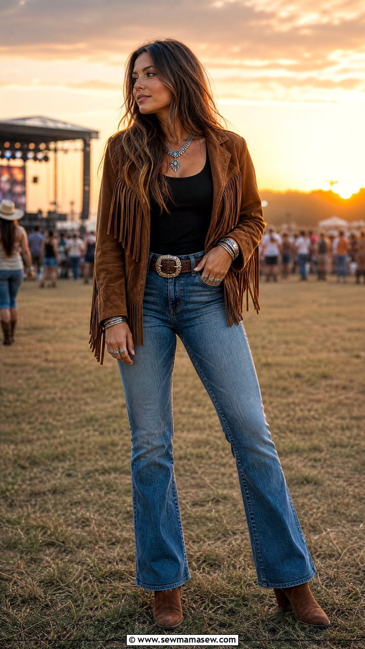 Suede Fringe Jacket With Bootcut Jeans And Ankle Boots - 30 Summer suede outfits