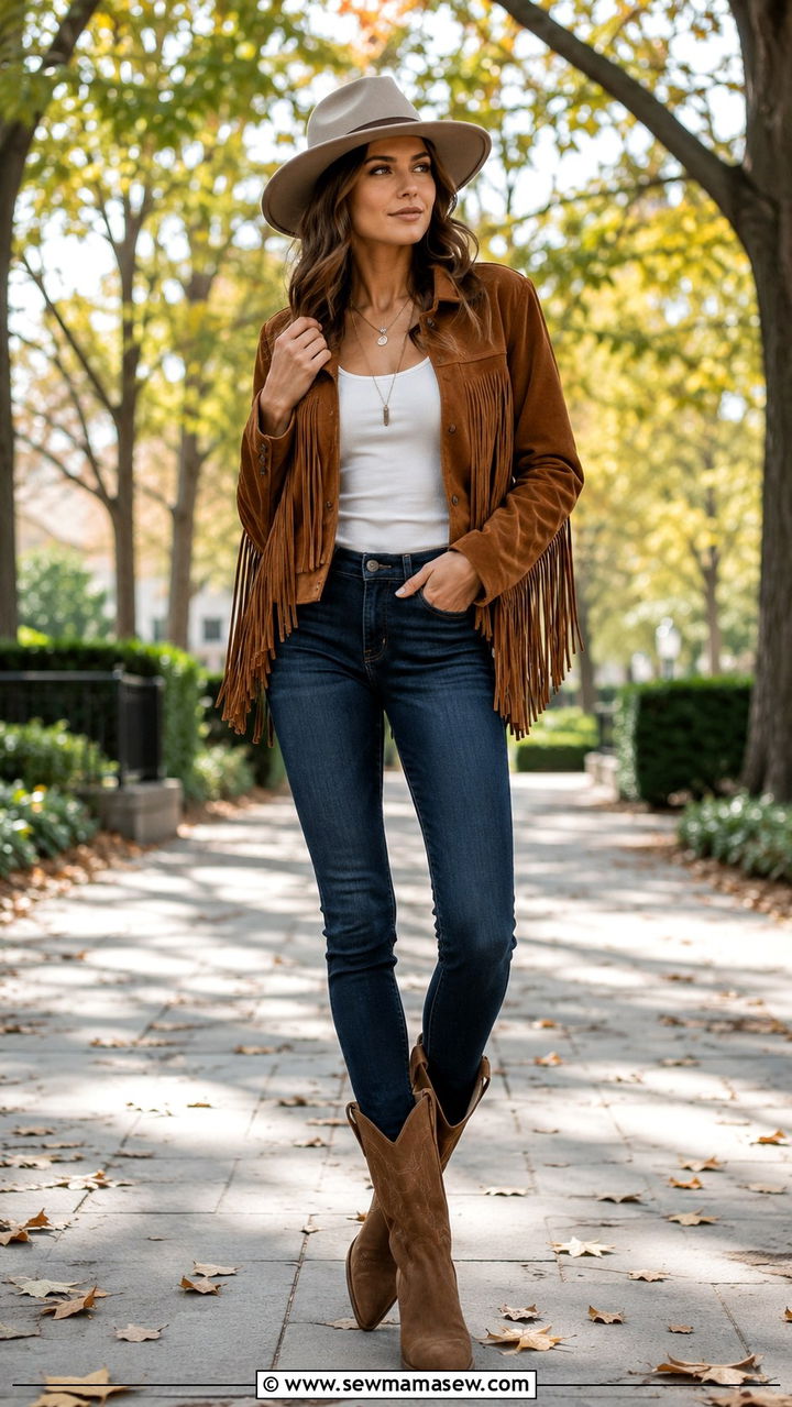 Suede Fringe Jacket With Dark Skinny Jeans And Cowboy Boots - 30 transitional western outfit ideas