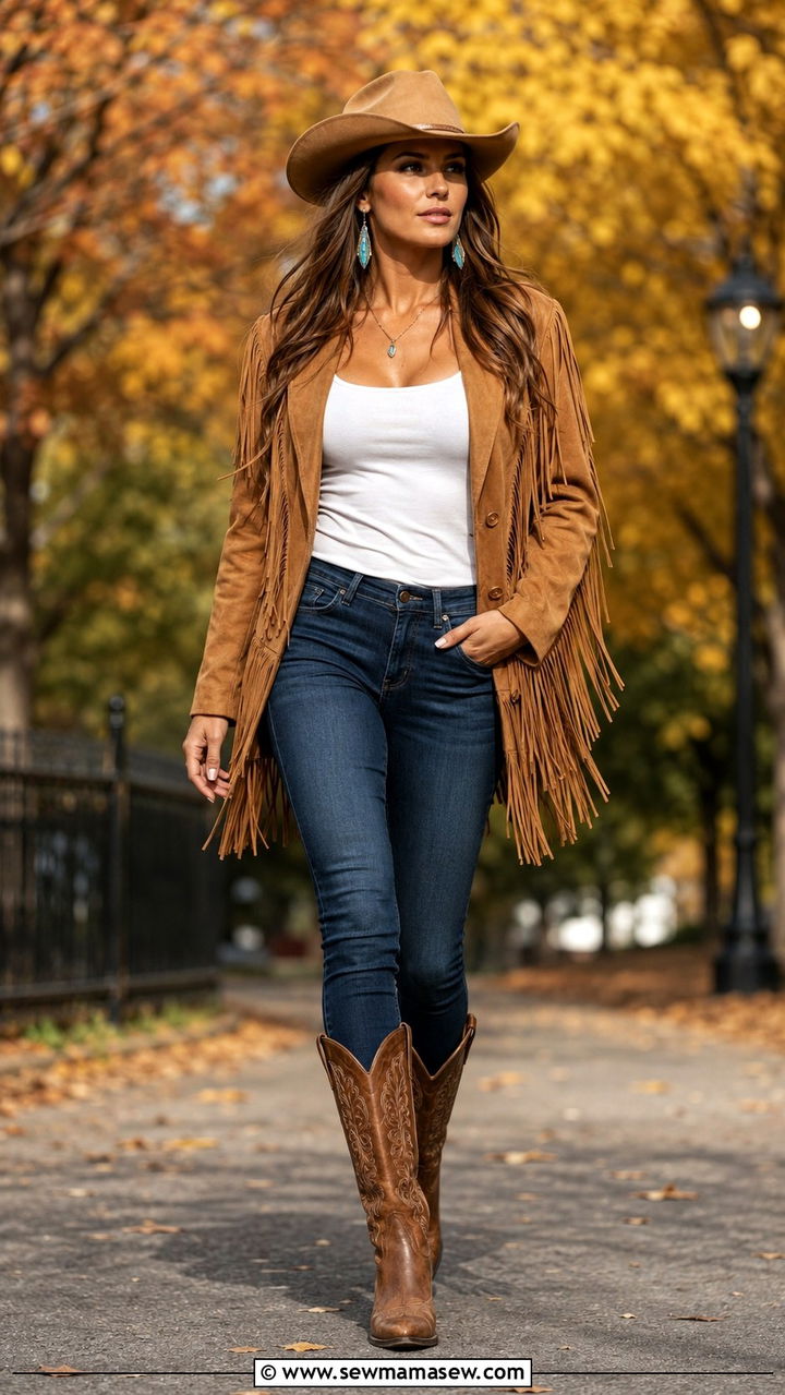 Suede Fringe Jacket With Denim And Cowboy Boots - 20 Western outfit ideas Lainey Wilson style