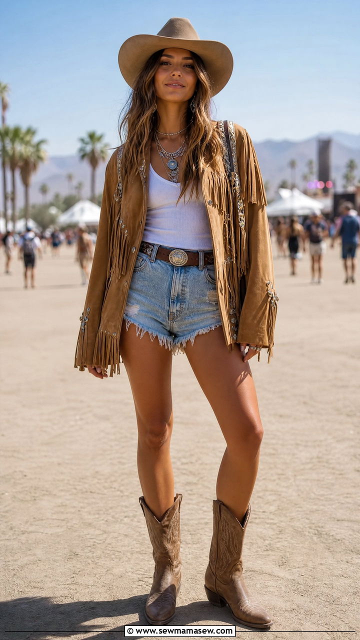 Suede Fringe Jacket With Denim Cutoffs And Western Boots - 20 Coachella outfits 2026