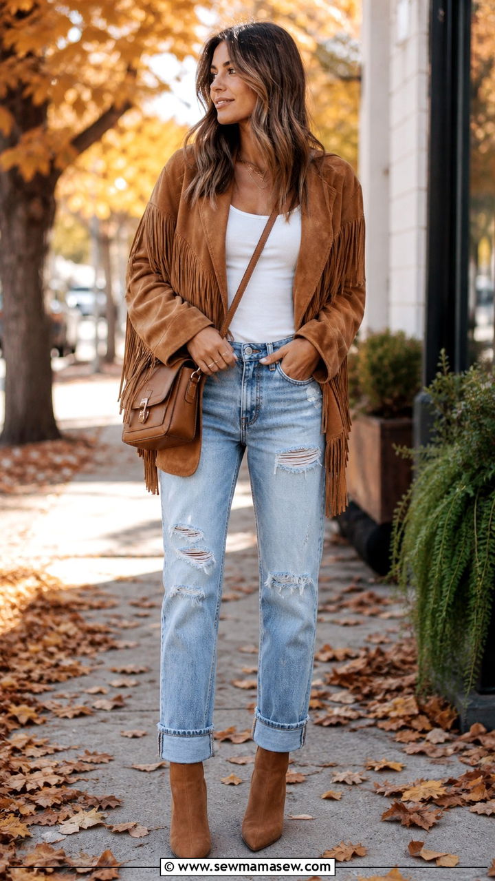 Suede Fringe Jacket With Distressed Denim - 25 boho chic outfits aesthetic