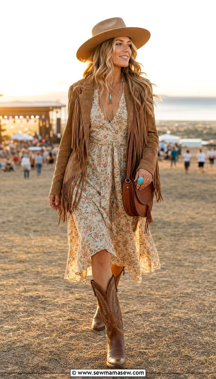 Suede Fringe Jacket With Floral Dress - 25 summer coastal cowgirl outfit ideas