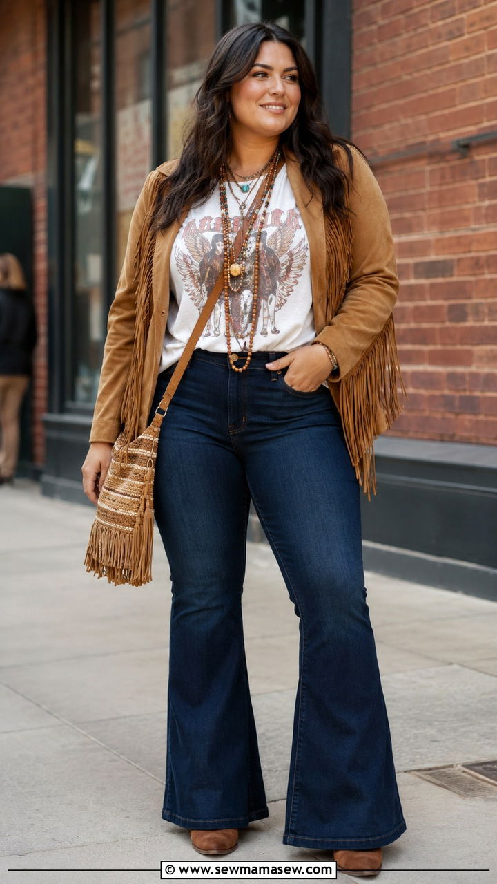 Suede Fringe Jacket With Graphic Tee And Flare Jeans - 25 Plus size outfit ideas boho