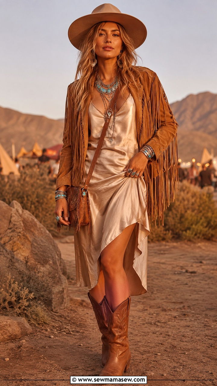 Suede Fringe Jacket With Silk Slip Dress And Cowboy Boots - 30 maximalist outfits ideas