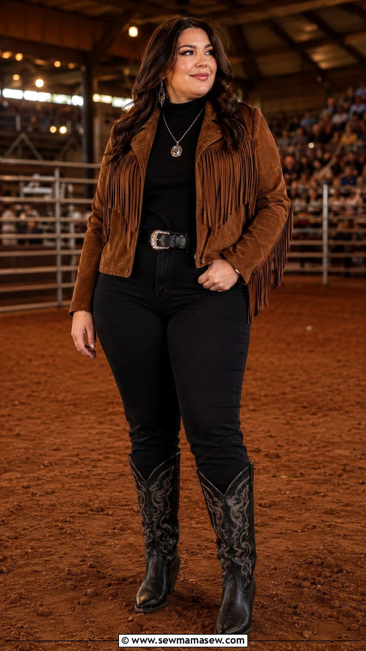 Suede Fringe Jacket With Skinny Jeans - 25 Western outfit ideas plus size