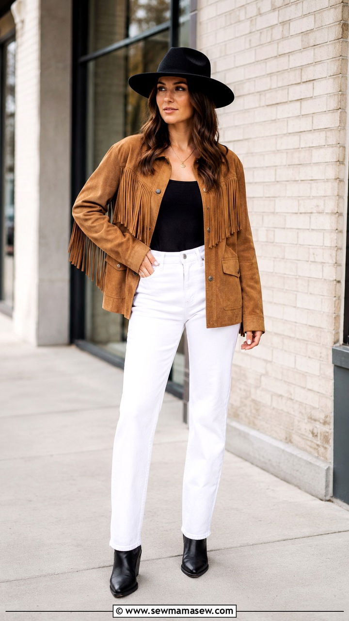 Suede Fringe Jacket With White Jeans And Boots - 30 spring western outfit ideas