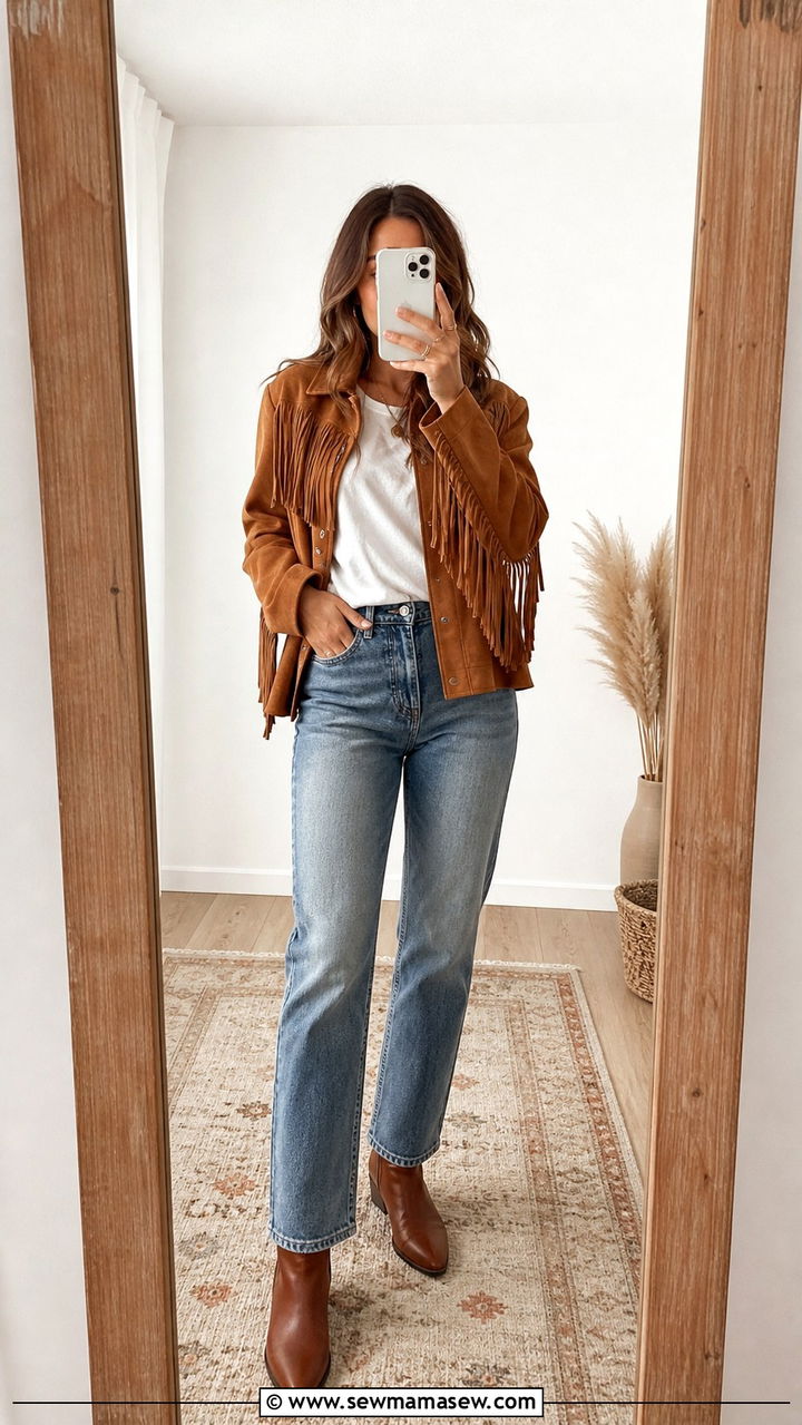 Suede Fringe Jacket With White Tee And Denim Boho Look - 20 Boho outfit ideas Free People style