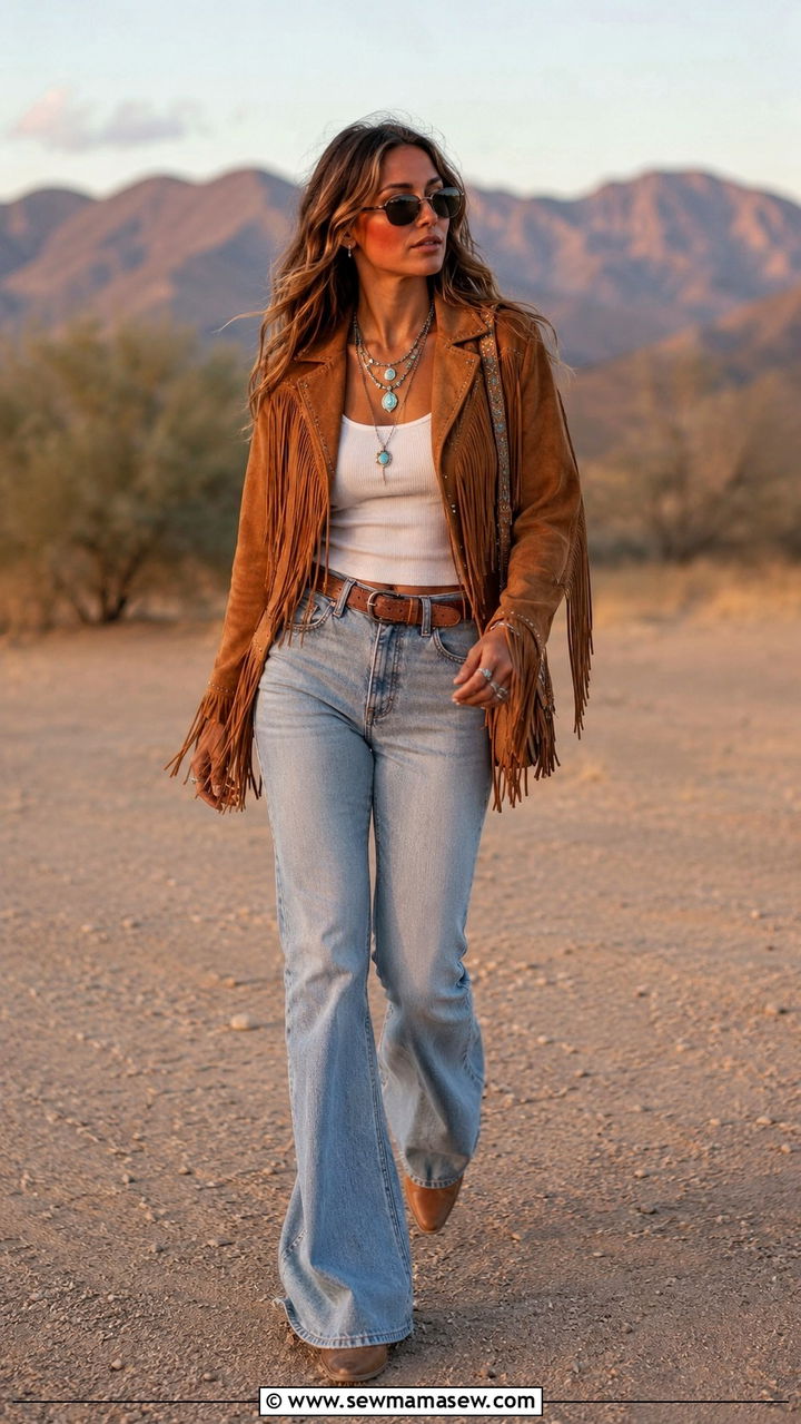 Suede Fringe Jacket and Flare Jeans With Tecovas Boots - 20 Western outfit ideas with Tecovas boots