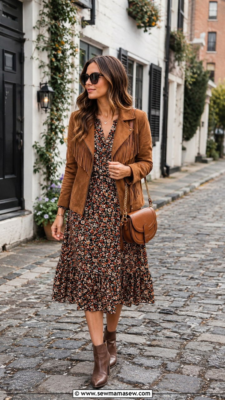 Suede Fringe Jacket and Floral Midi Dress Boho - 25 boho chic outfits inspo