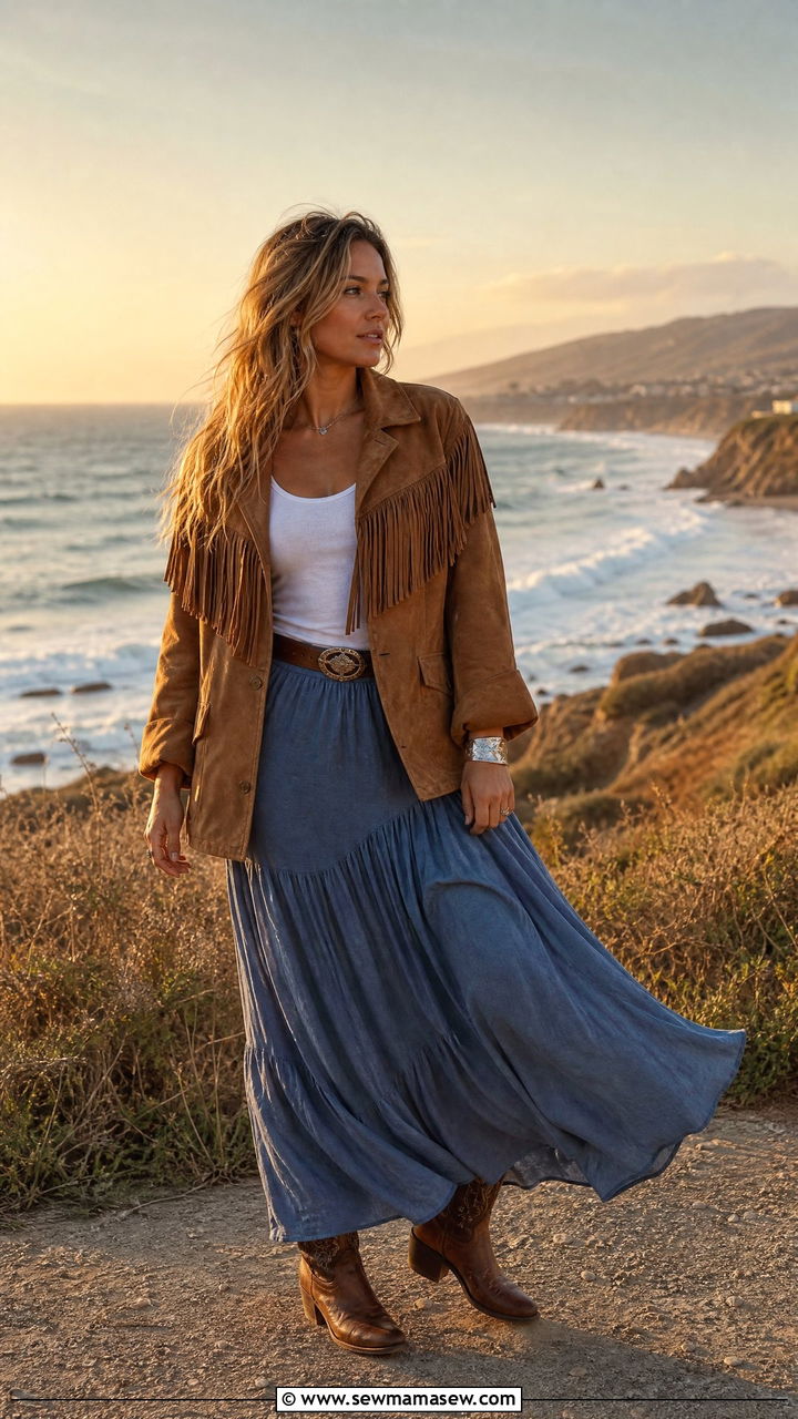 Suede Fringe Jacket and Maxi Skirt Coastal Outfit - 30 coastal cowgirl outfits ideas