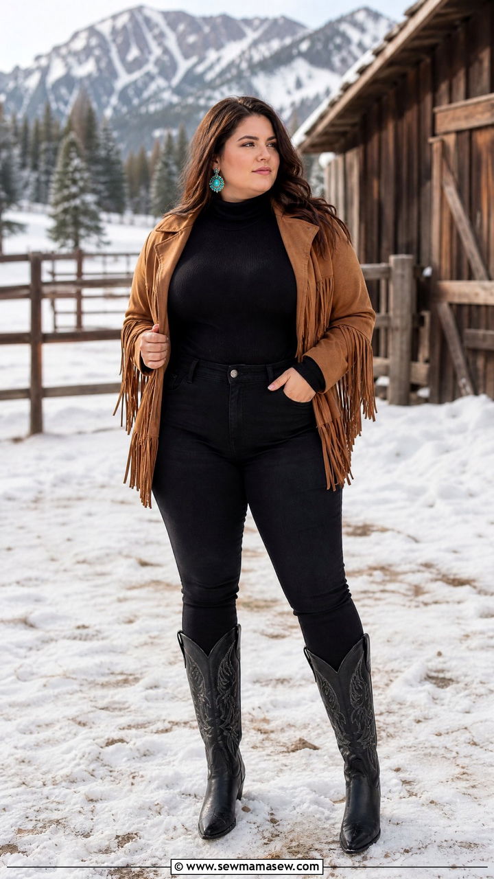 Suede Fringe Jacket with Black Skinny Jeans and Turtleneck - 30 Country concert outfit ideas plus size