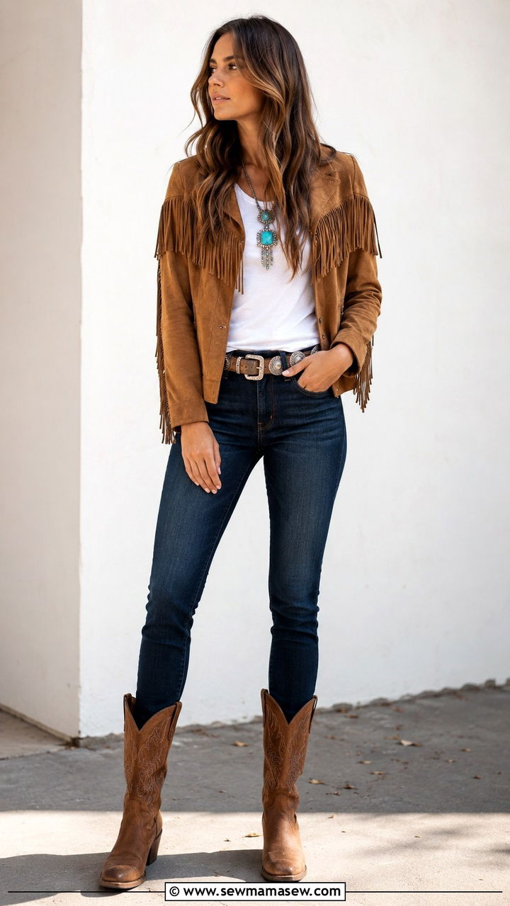 Suede Fringe Jacket with Dark Skinny Jeans - 20 Western outfit ideas with fringe leather jacket