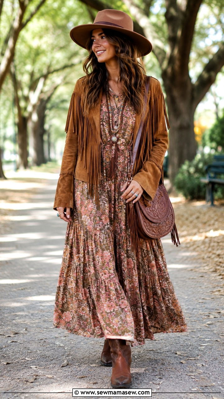 Suede Fringe Jacket with Flowy Maxi Dress - 30 classy boho chic outfits