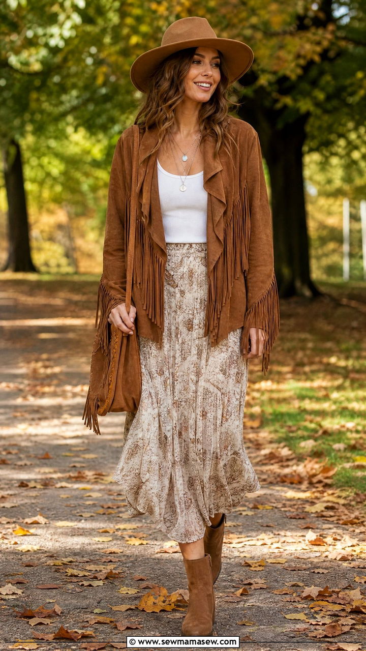 Suede Fringe Jacket with Midi Skirt - 35 Hippie outfit ideas
