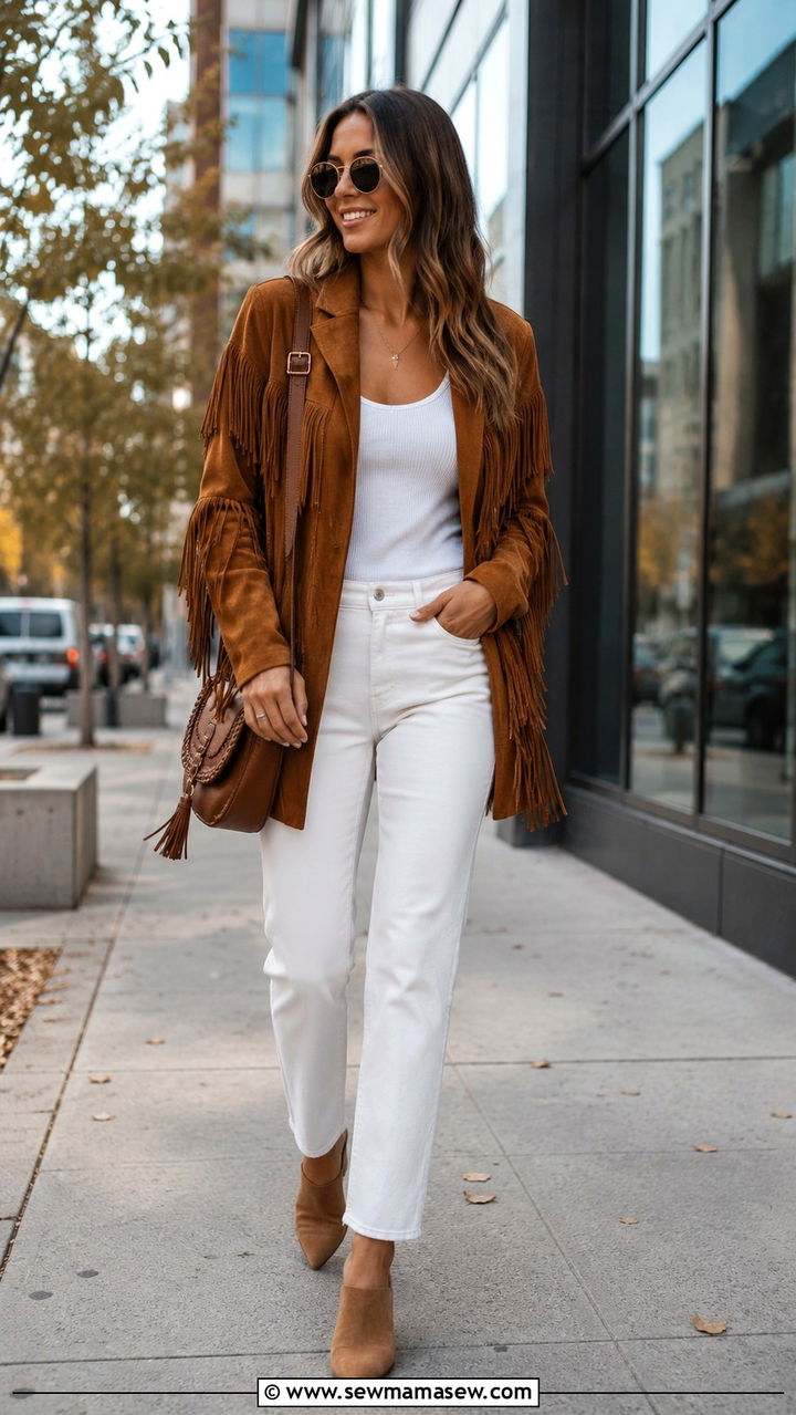 Suede Fringe Jacket with White Jeans - 30 classy boho chic outfit ideas