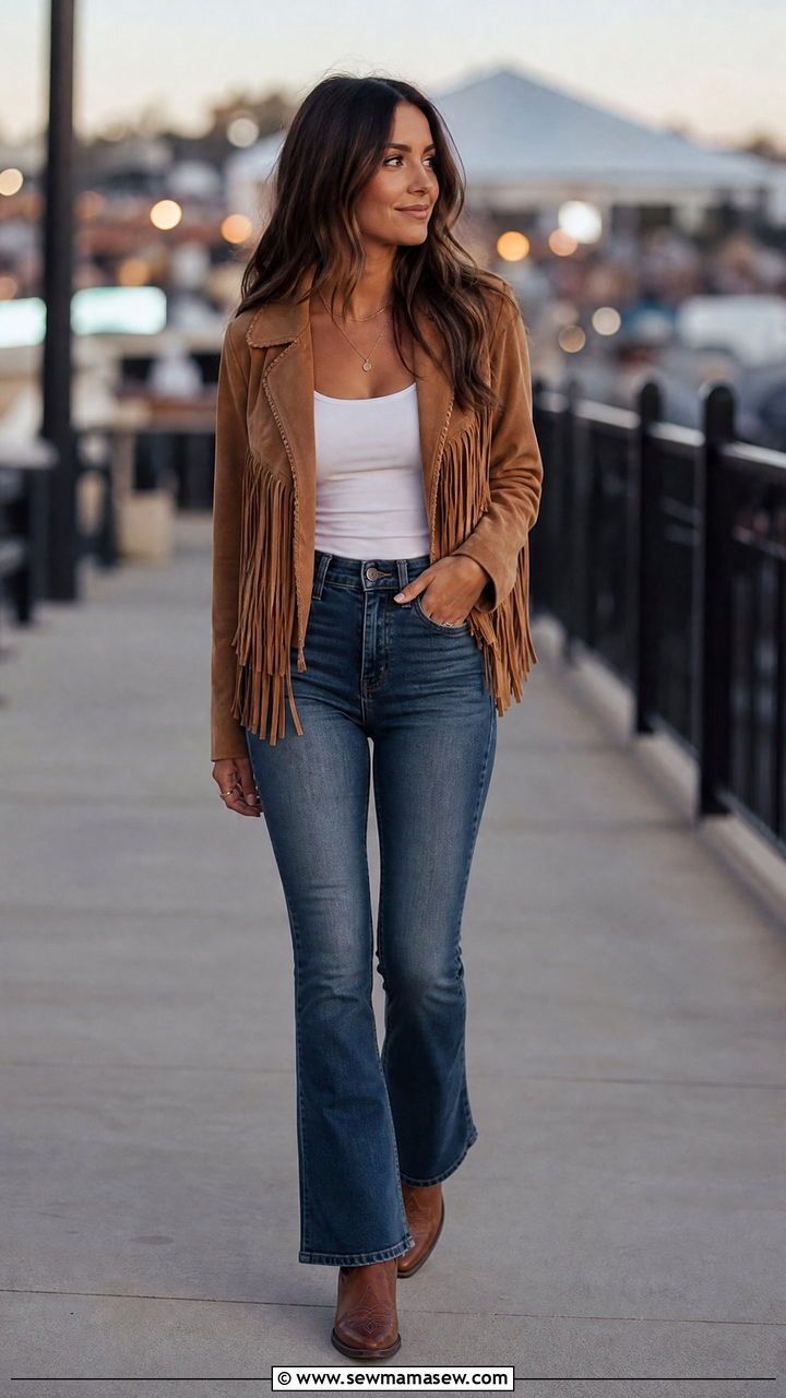 Suede Fringe Jacket with White Tank and Slim Bootcut Jeans - 30 Country concert outfit ideas petite