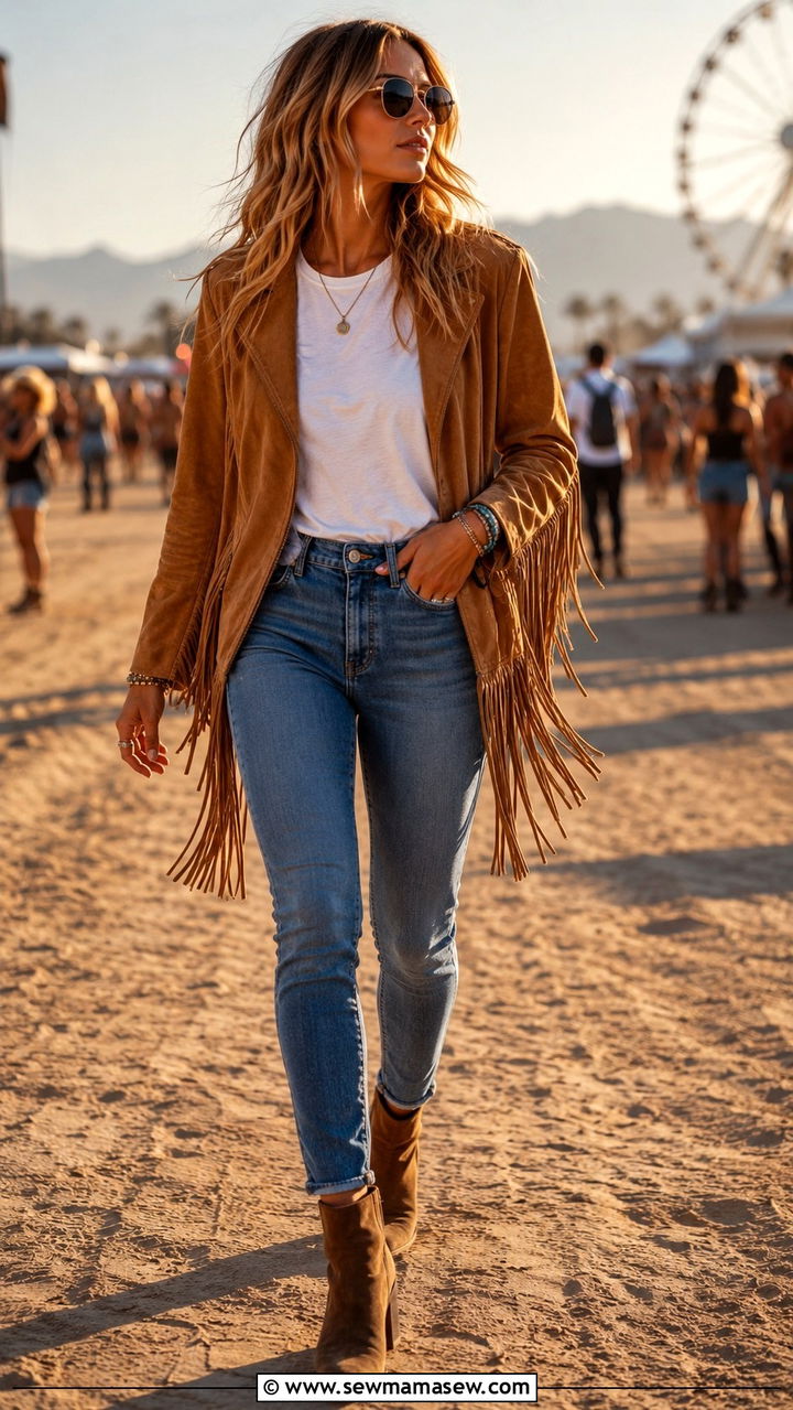 Suede Fringe Jacket with White Tee and High Waisted Jeans - 30 Modern western outfit ideas