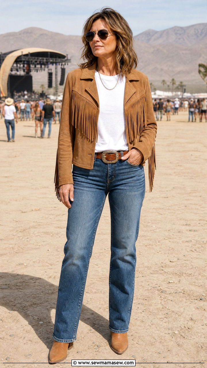 Suede Fringe Jacket with White Tee and Jeans Festival Outfit - 30 music festival outfits for women over 40