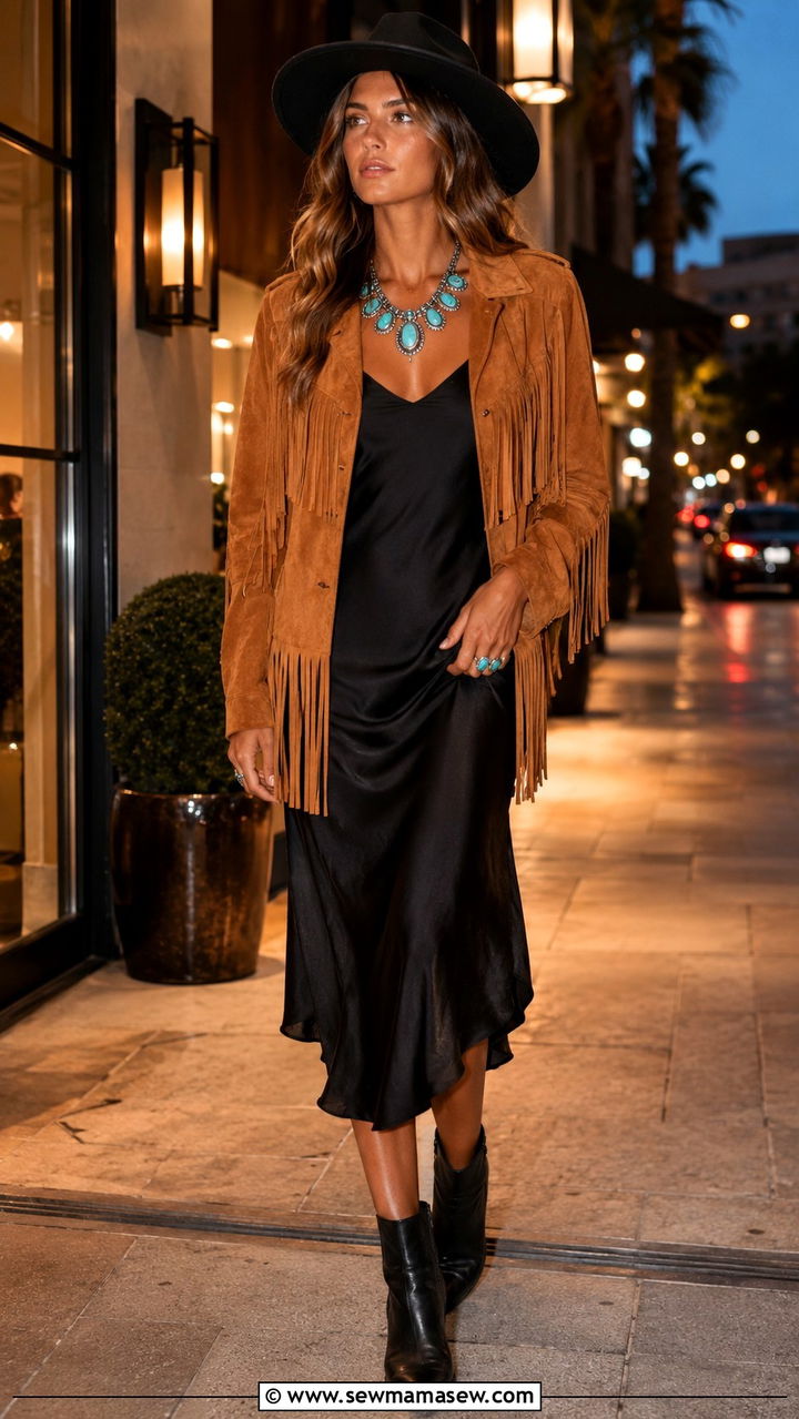 Suede Fringe Jacket with a Black Dress and Turquoise Statement Necklace - 25 Boho outfit ideas with turquoise jewelry