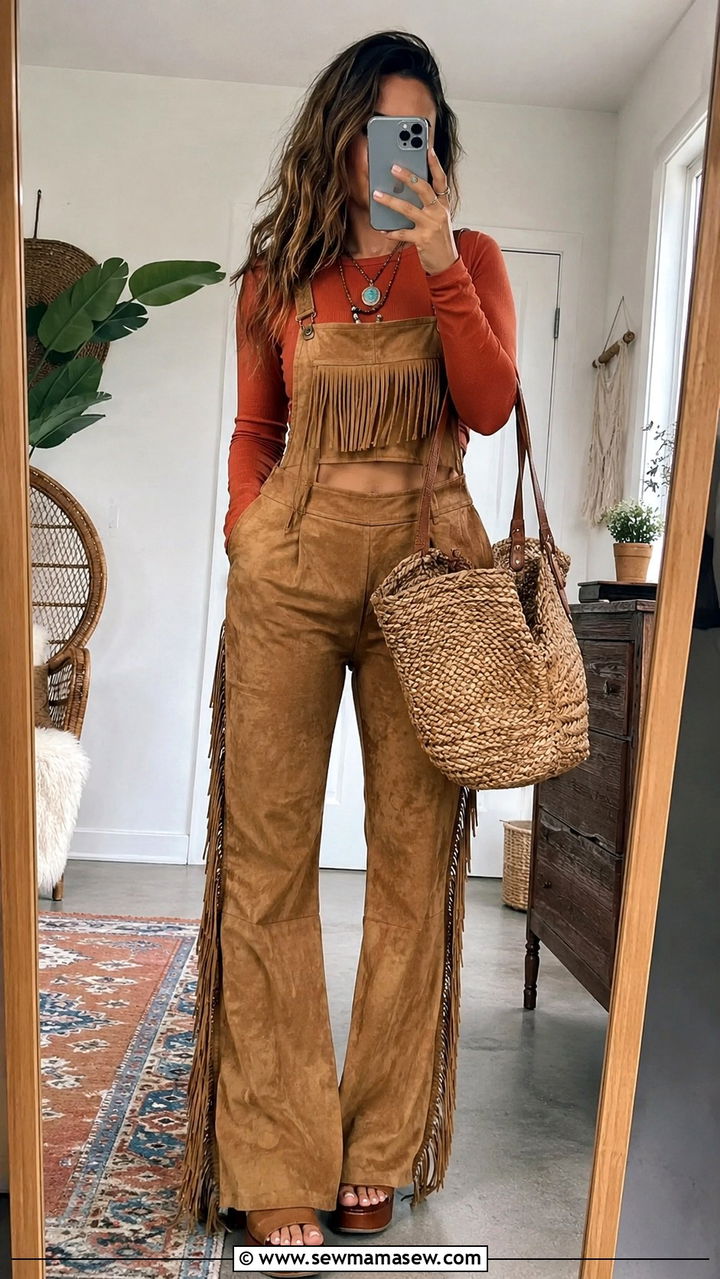 Suede Fringe Overalls With Crop Top - 25 Western outfit ideas with fringe