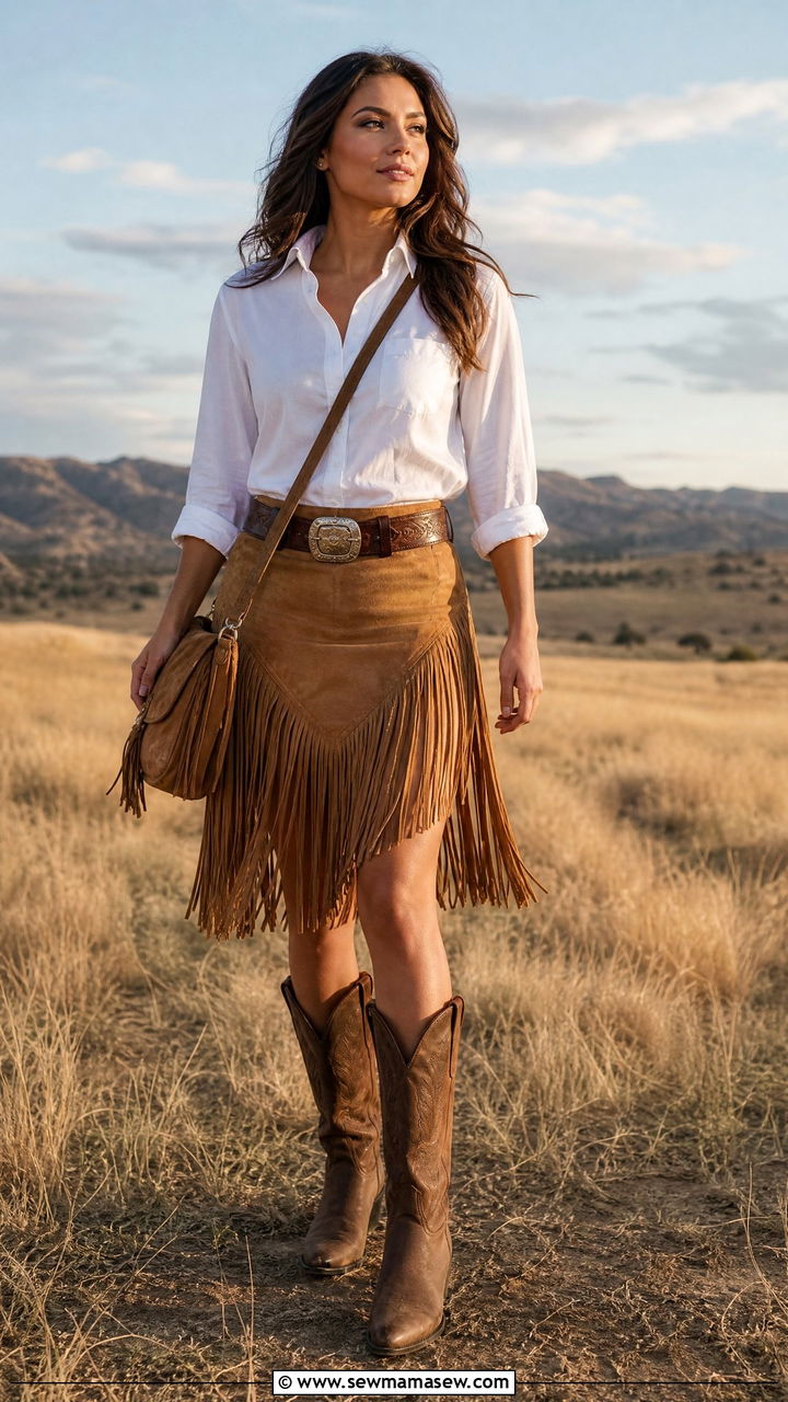 Suede Fringe Skirt With Cowboy Boots and White Blouse - 30 fringe skirt outfit ideas