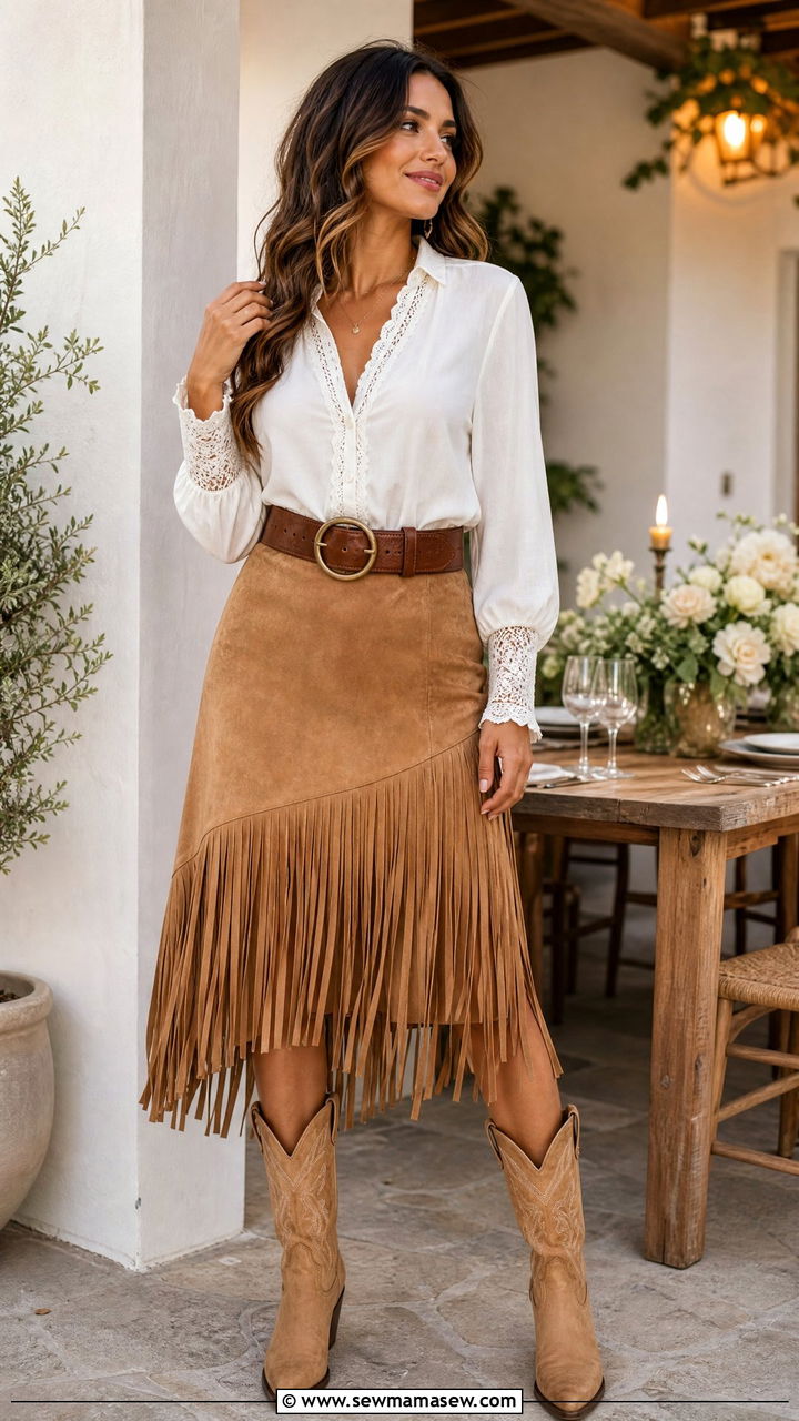 Suede Fringe Skirt with Tucked In Blouse Outfit - 30 Country spring outfits