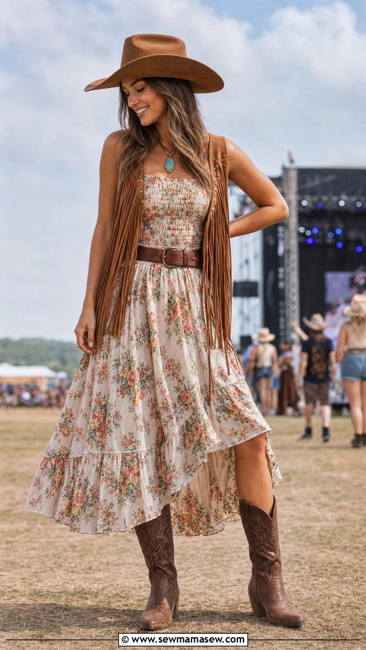 Suede Fringe Vest Over Smocked Midi Dress With Brown Boots - 25 spring coastal cowgirl outfits