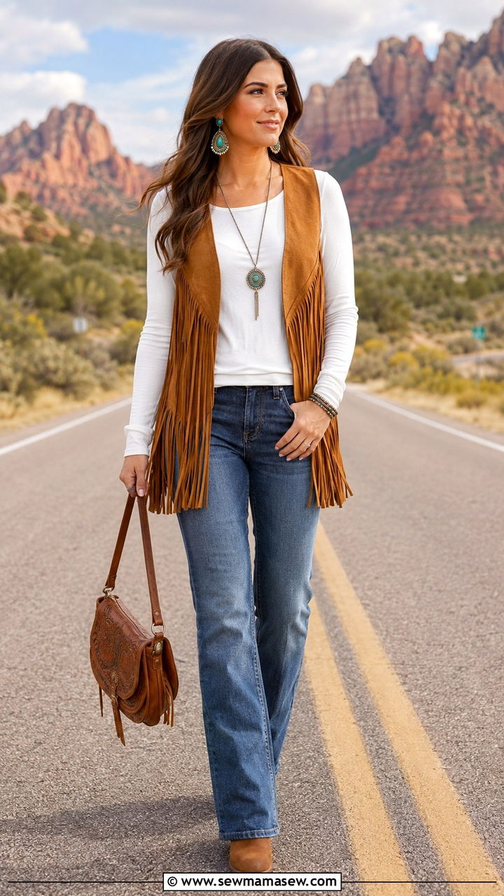 Suede Fringe Vest Over White Tee And Relaxed Jeans - 30 Modest outfit ideas boho