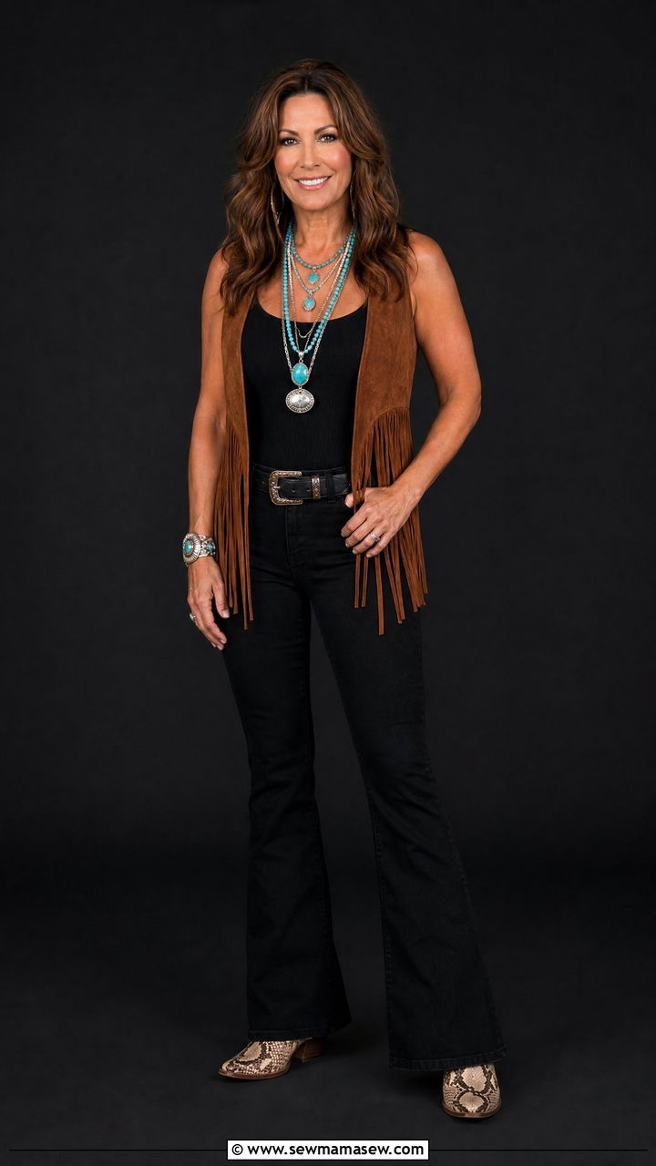Suede Fringe Vest With Black Jeans - 30 country concert outfits for women over 40