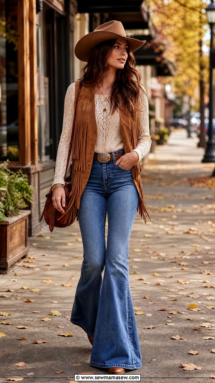 Suede Fringe Vest With High Waisted Flared Jeans - 25 Western outfit ideas Beyonce Cowboy Carter