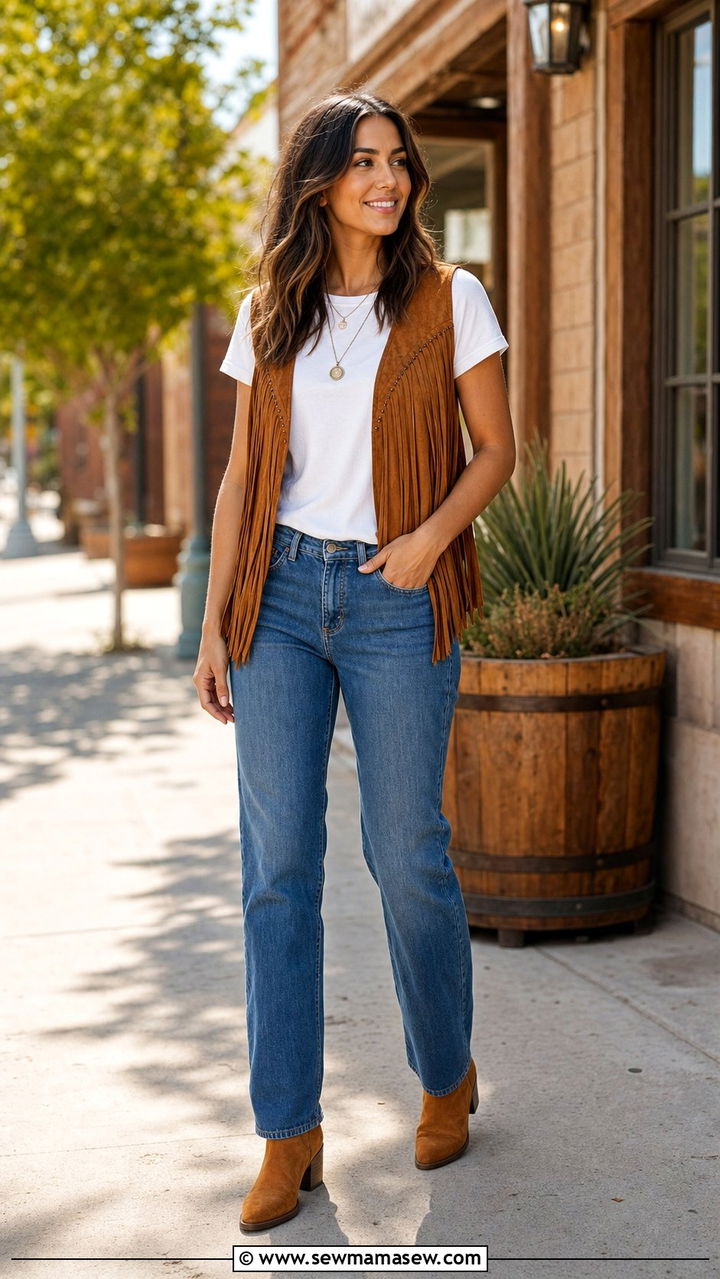 Suede Fringe Vest With Jeans Boho Look - 35 boho chic outfits ideas
