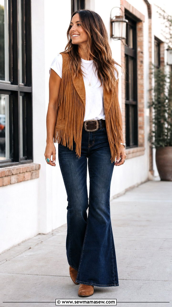 Suede Fringe Vest With T Shirt And Flare Jeans - 40 Boho outfit ideas 2026