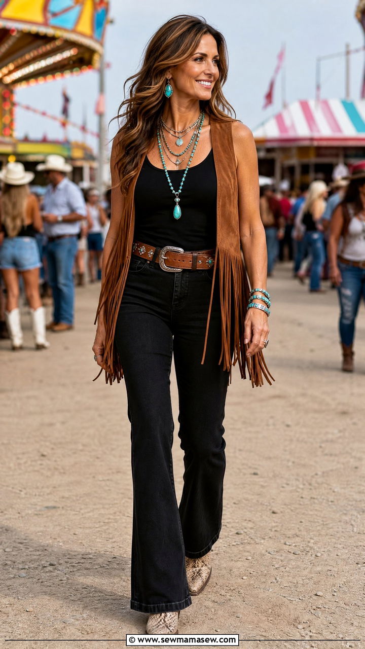 Suede Fringe Vest with Dark Denim - 30 Country concert outfit ideas for women over 40