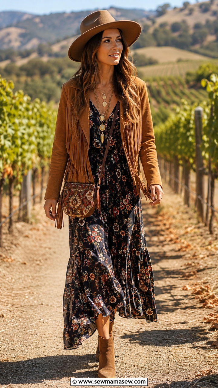 Suede Jacket And Floral Maxi Dress Outfit - 25 boho chic capsule wardrobe outfits