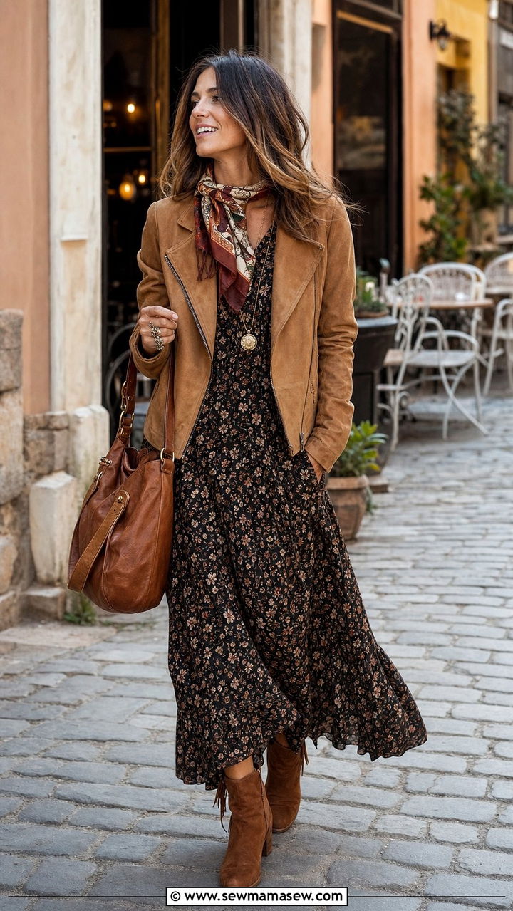 Suede Jacket And Floral Maxi Dress - 35 boho outfit ideas for women