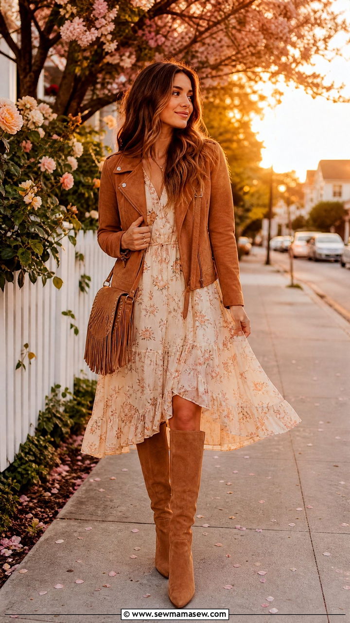 Suede Jacket And Flowy Dress With Knee High Boots - 25 Spring outfits with knee high boots