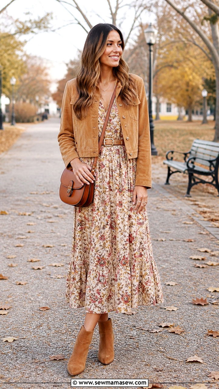 Suede Jacket And Printed Midi Dress Boho Chic Outfit - 40 boho chic outfit ideas