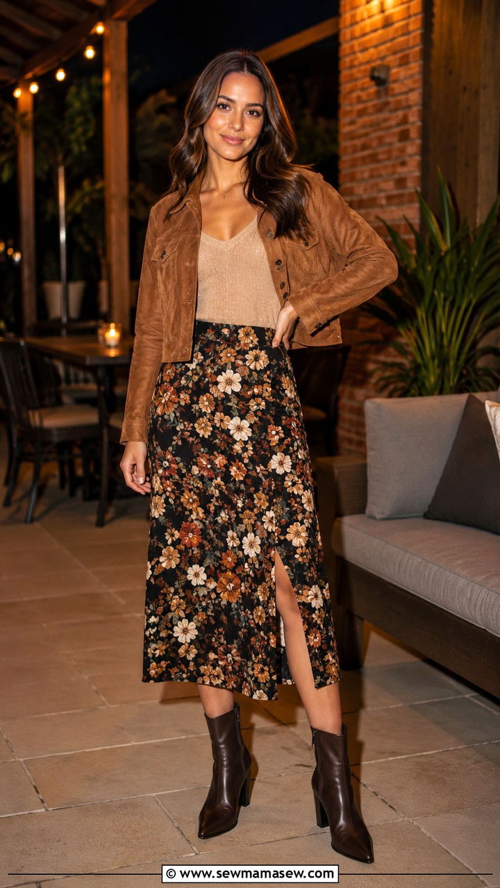 Suede Jacket Floral Skirt Ankle Boots Outfit - 25 transitional weekend outfit ideas