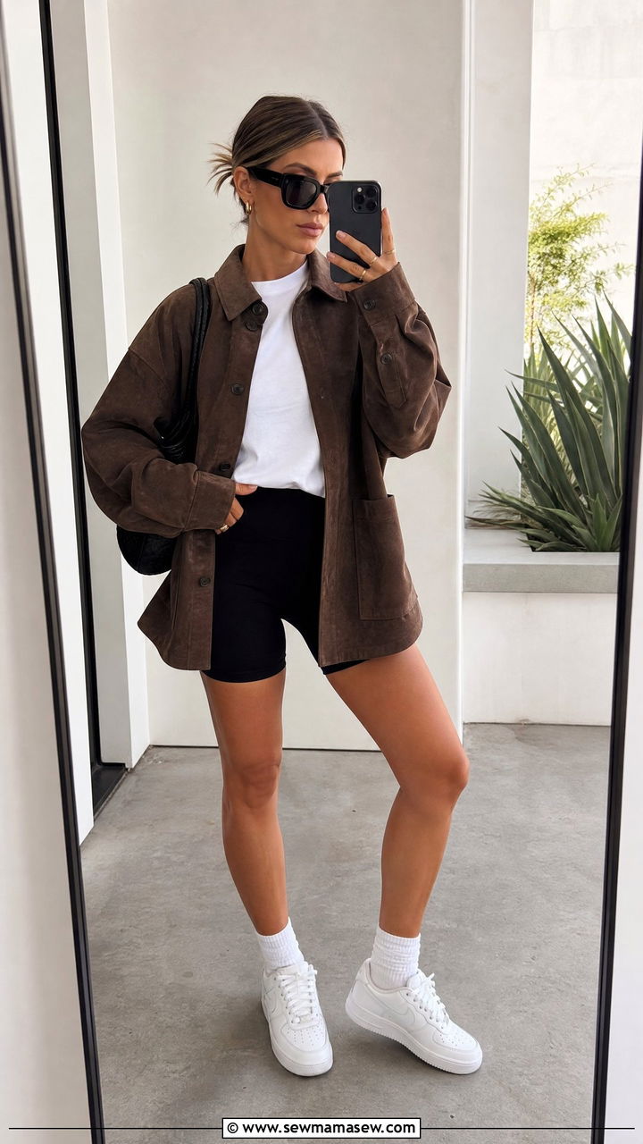 Suede Jacket Outfit With Bike Shorts And Sneakers - 30 Suede jacket outfit ideas