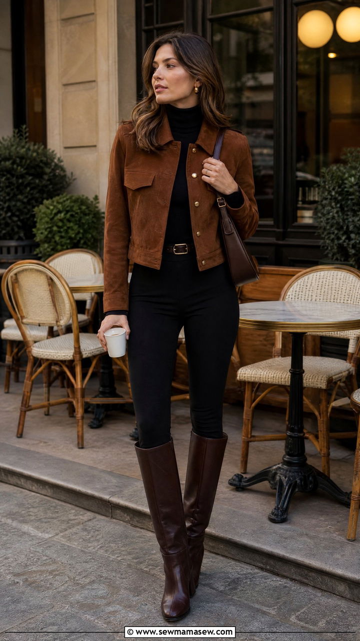 Suede Jacket Outfit With Black Turtleneck And Leggings - 25 Old money outfit ideas equestrian