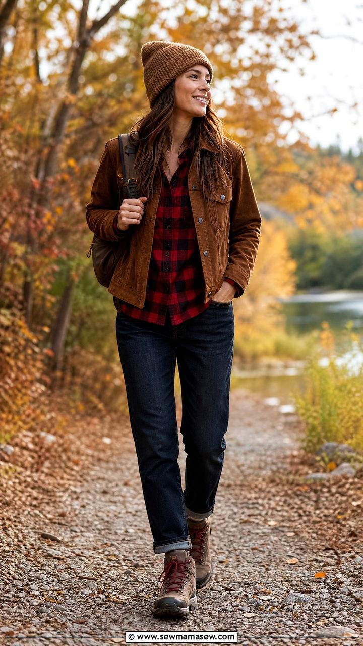 Suede Jacket Outfit With Flannel Shirt And Dark Wash Jeans - 30 Suede jacket outfit ideas