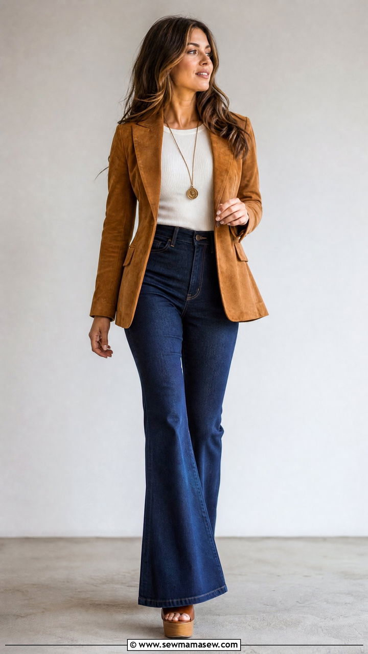 Suede Jacket Outfit With High Waisted Flare Jeans - 30 Suede jacket outfit ideas
