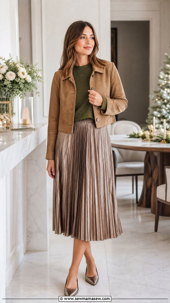 Suede Jacket Outfit With Pleated Midi Skirt And Sweater - 30 Suede jacket outfit ideas