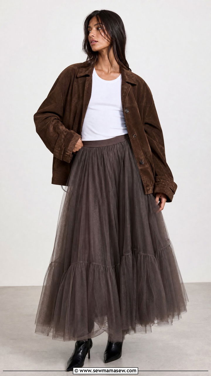 Suede Jacket Outfit With Poofy Tulle Maxi Skirt - 30 Suede jacket outfit ideas