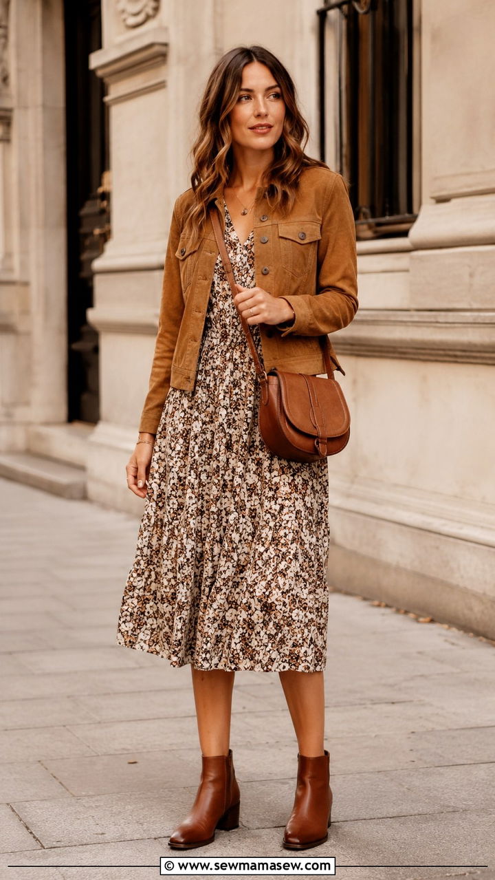 Suede Jacket With Ankle Boots And Midi Dress - 30 spring boots outfit ideas