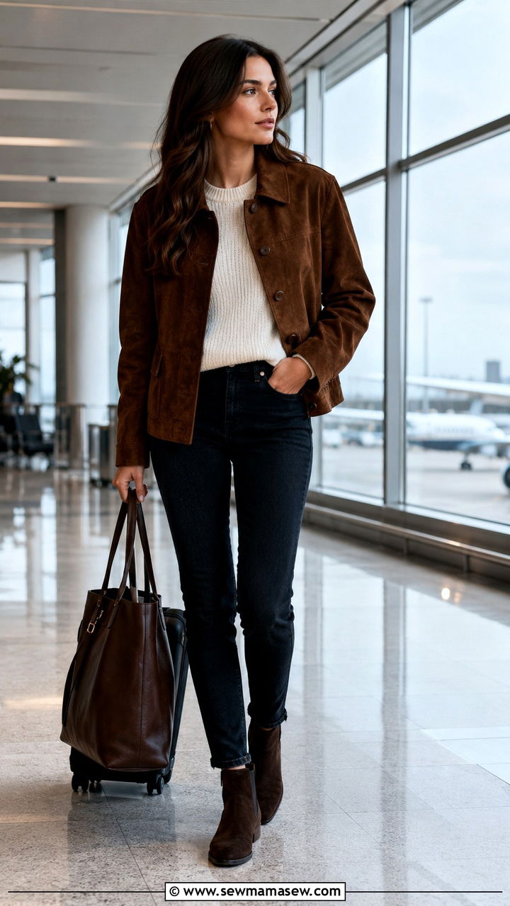 Suede Jacket With Cream Crew Neck and Slim Fit Jeans Chelsea Boots - 30 Old money outfit ideas for airport