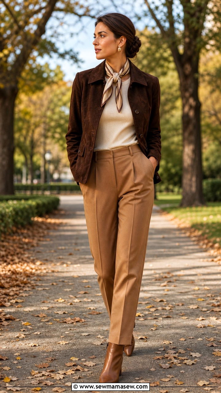 Suede Jacket With Cream Knit And Tailored Trousers - 40 old money outfits