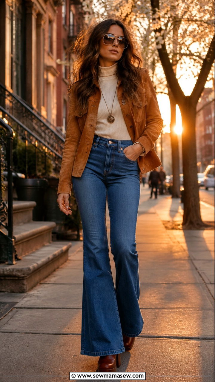 Suede Jacket With Flared Jeans And Platform Boots - 30 spring vintage outfit ideas