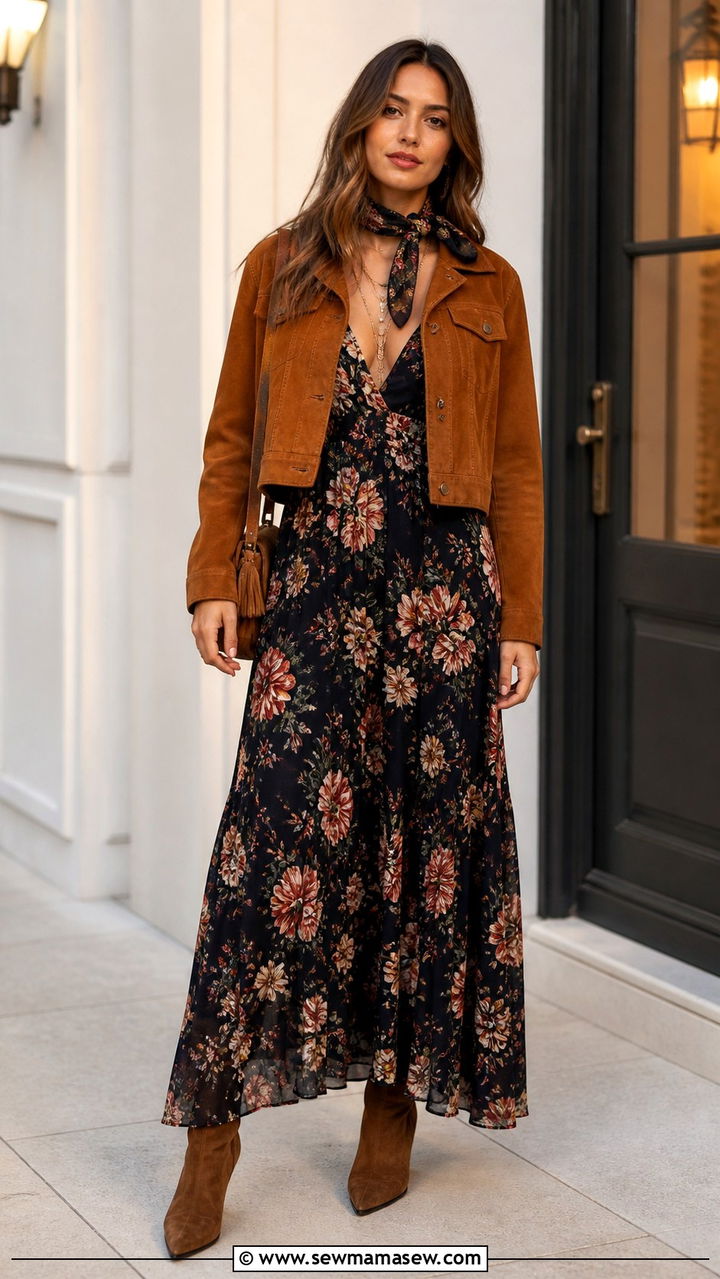 Suede Jacket With Floral Maxi Dress - 40 boho chic outfits