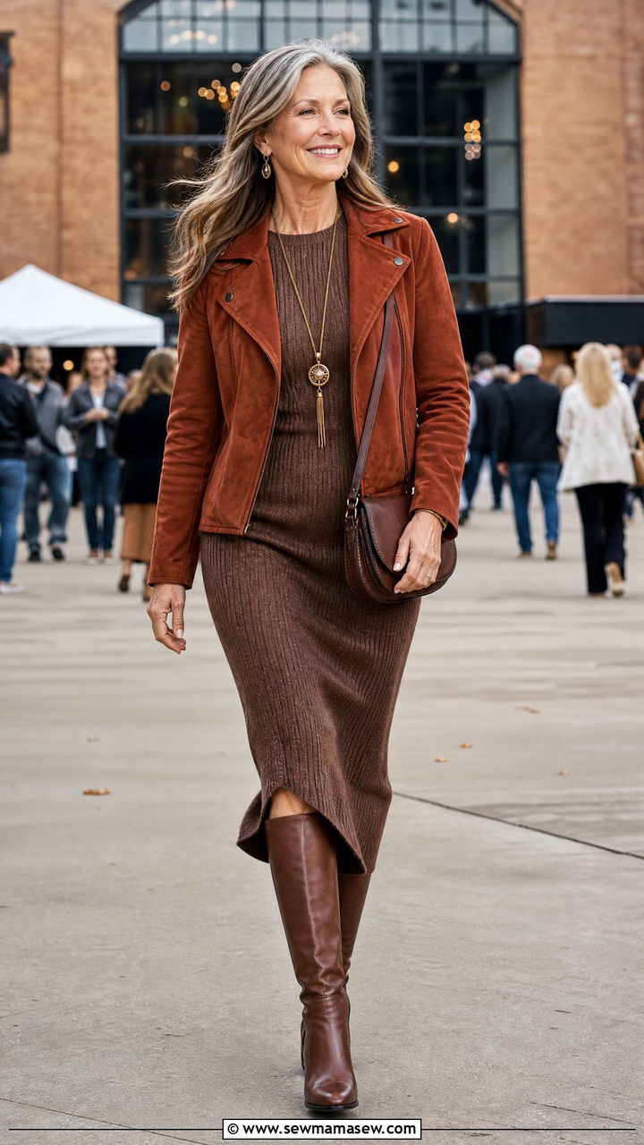 Suede Jacket With Knit Midi Dress Style - 30 Concert outfit ideas for women over 50